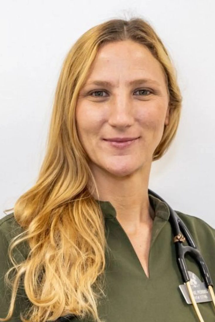 Smiling female veterinarian in green scrubs with stethoscope against white background